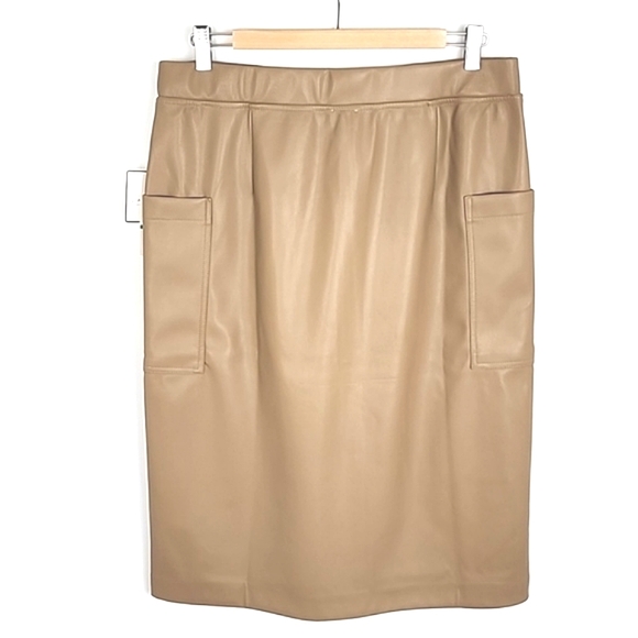 Laundry by Shelli Segal Caramel Tan Midi Slip On Skirt Stretch Side Pockets Sz L - Picture 2 of 10
